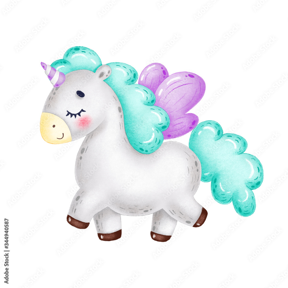 Cute cartoon funny gray unicorn with a green mane, purple wings and closed eyes walks and smiles on a white background Cute cartoon funny gray unicorn with a green mane, purple wings and closed eyes walks and smiles on a white background