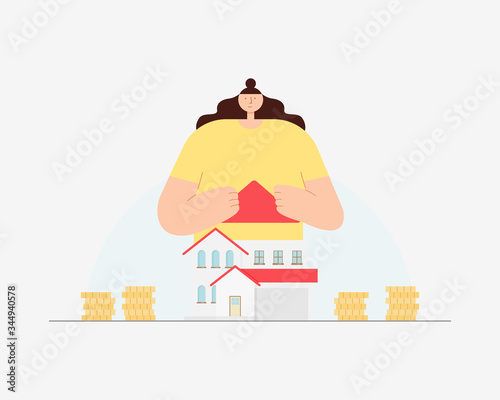 Young woman with house and coins. New house concept. Saving money for house and real estate. Vector illustration.