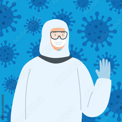 campaign of stop 2019 ncov and person using biohazard suit vector illustration design
