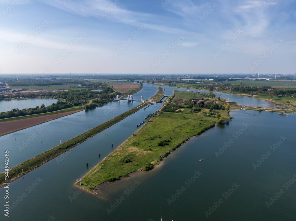 Aerial view on water sluice complex in the Lek river in the Netherlands
