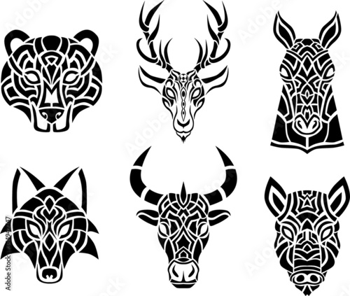 Tribal celtic animal head silhouette design isolated set