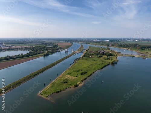 Aerial view on water sluice complex in the Lek river in the Netherlands