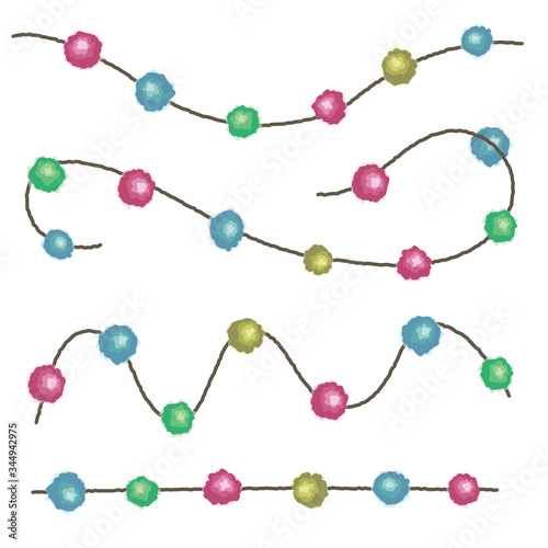 Colorful pompoms on a string garland isolated on white background vector design elements. Great for handmade cards, invitations, wallpaper, packaging, nursery designs.