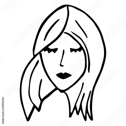 Female face with straight hair.  Contour hand-drawn doodle drawing. Design element