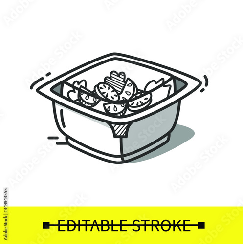 Healthy vegetables salad in food container line icon.Disposable plastic box with vegetarian meal .Take away.Fast Food Packaging.Isolated vector illustration on white.Editable stroke
