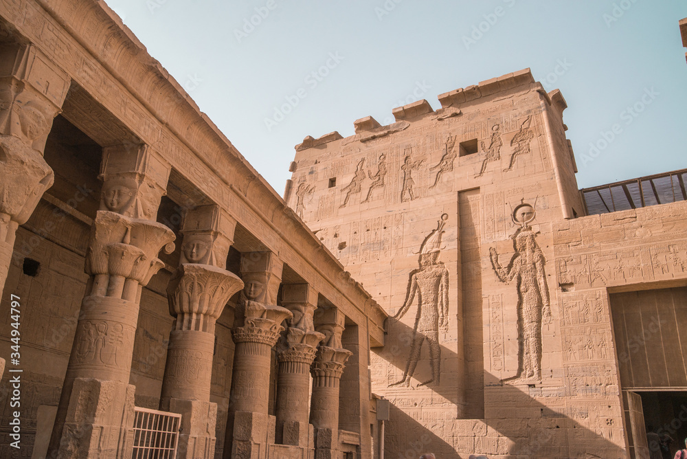 philae temple in aswan egypt with heiroglyphs