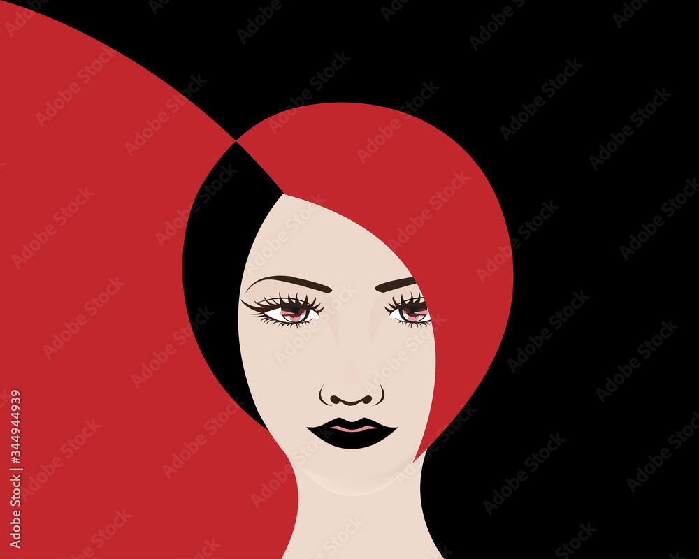 Women face with half black half red hairs, black lips and half red and black background Women face with half black half red hairs, black lips and half red and black background
