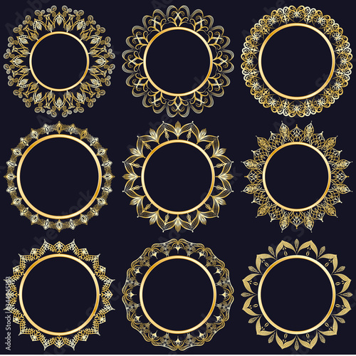 Collection of nine luxurious round golden frames on a blue background. Framing for photos, paintings and mirrors. Decorative decoration for books, cards, invitations. Vector.