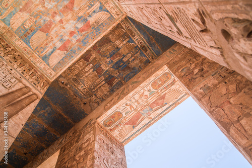 colorful heiroglyphics in entrance to Egyptian temple