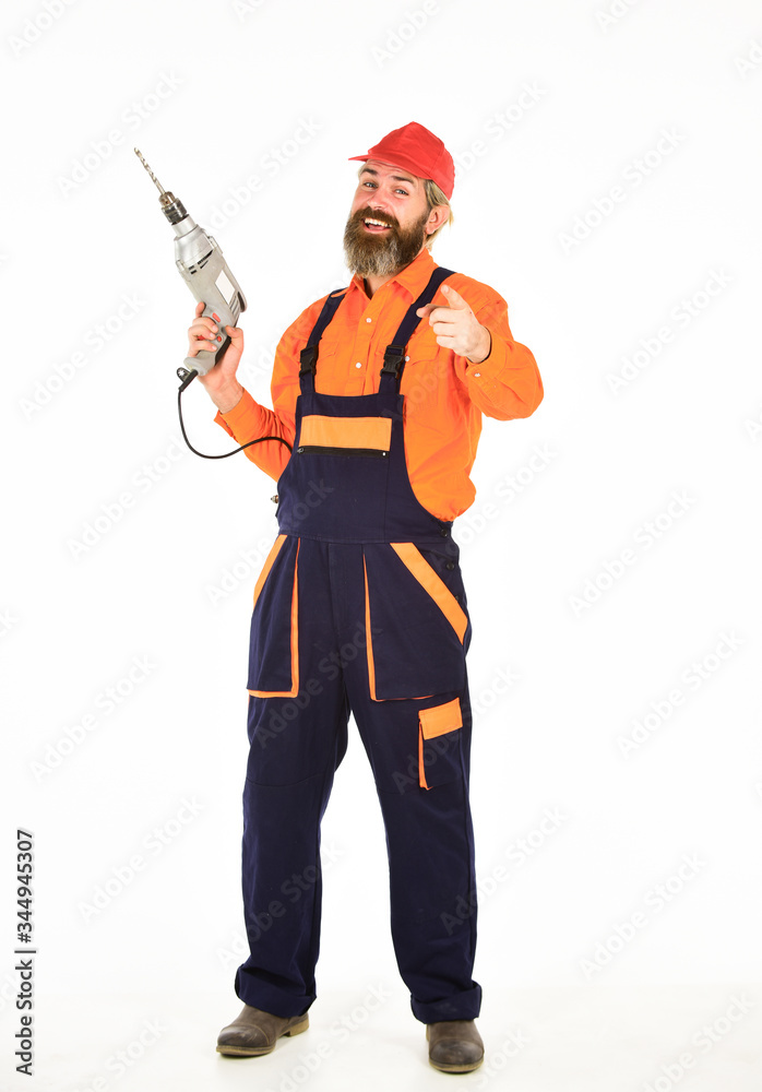 Safety measures. Drilling concept. Perforator and bit. Powerful drill. Buy drill. Toolbox tips drilling and fixing. Man in cap with drills white background. Professional builder repairman makes hole Safety measures. Drilling concept. Perforator and bit. Powerful drill. Buy drill. Toolbox tips drilling and fixing. Man in cap with drills white background. Professional builder repairman makes hole