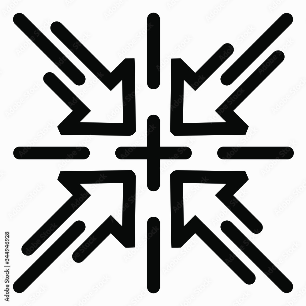 Obraz premium Four arrows penetrate to indicate the center of the page from 4 directions. The solution of the problem. New idea. Connection of directions. Converge at one point on the path. The solution of the prob
