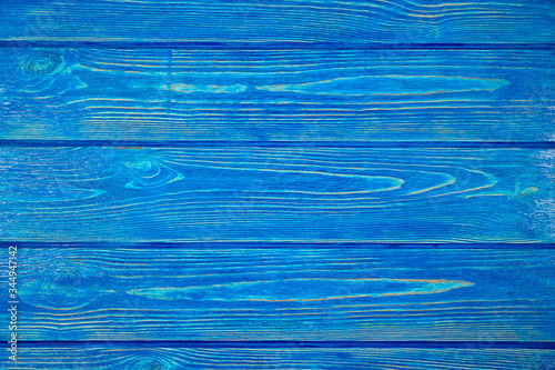 The texture of a wooden background consisting of boards painted with blue paint, designed for photographs.