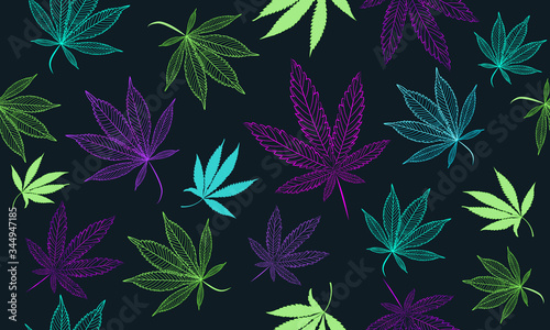 Seamless Vector Cannabis, Medical Weed Neon, Fluorescent, Colorful Pattern. Marihuana leaves Background, Illustration useful for surface design, card, poster, flyer, ads banner.