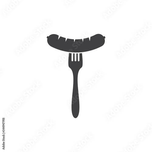 Sausage icon on fork. Grilled sausages Symbol, logo vector illustration.