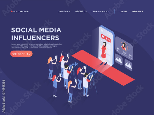 Landing page design of celebrity/ influencer walking on red carpet and greeting audience. 3d isometric vector image