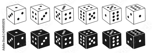 collection of isometric dice icons in thin line style and silhouette, Gambling vector Illustration.