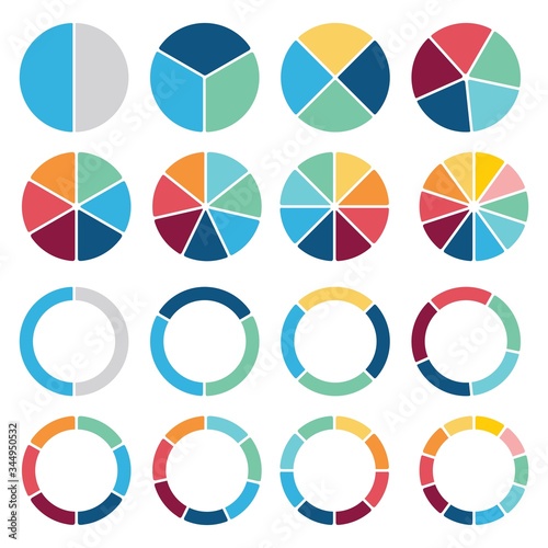 Pie chart set, Circle icons for infographic. Colorful diagram collection with 2,3,4,5,6,7,8,9 sections and steps. Pie chart for data analysis, business presentation, UI, web design. Vector 