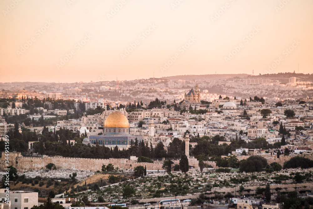 sunset over golden dome of the rock in jerusalem israel