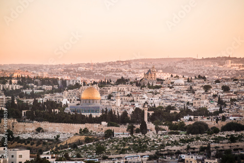 sunset over golden dome of the rock in jerusalem israel