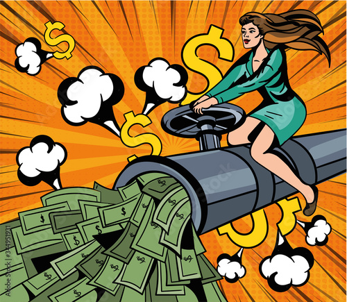 Woman riding a pipe disgorging dollar banknotes as she controls the flow from above on a wheel in a financial, money and success concept, colored vector illustration