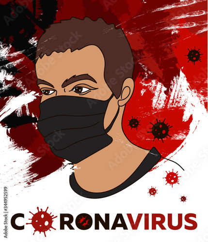 Man wearing face mask to protection Coronavirus disease. Corona Virus 2020 COVID-19. Young male character. Vector illustration in flat and Comic style. No Infection and Stop syndrome Coronavirus.Wuhan photo