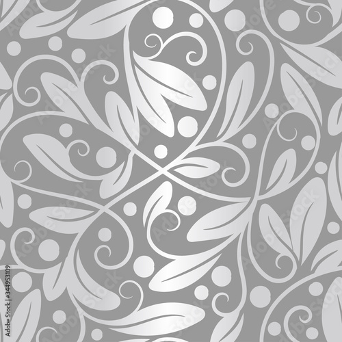 Grey and silver leaves seamless pattern. Vintage vector ornament template. Paisley elements. Great for fabric  invitation  background  wallpaper  decoration  packaging or any desired idea.