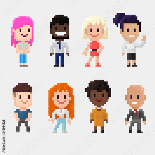 Pixel art group of characters men and women isolated on white background.