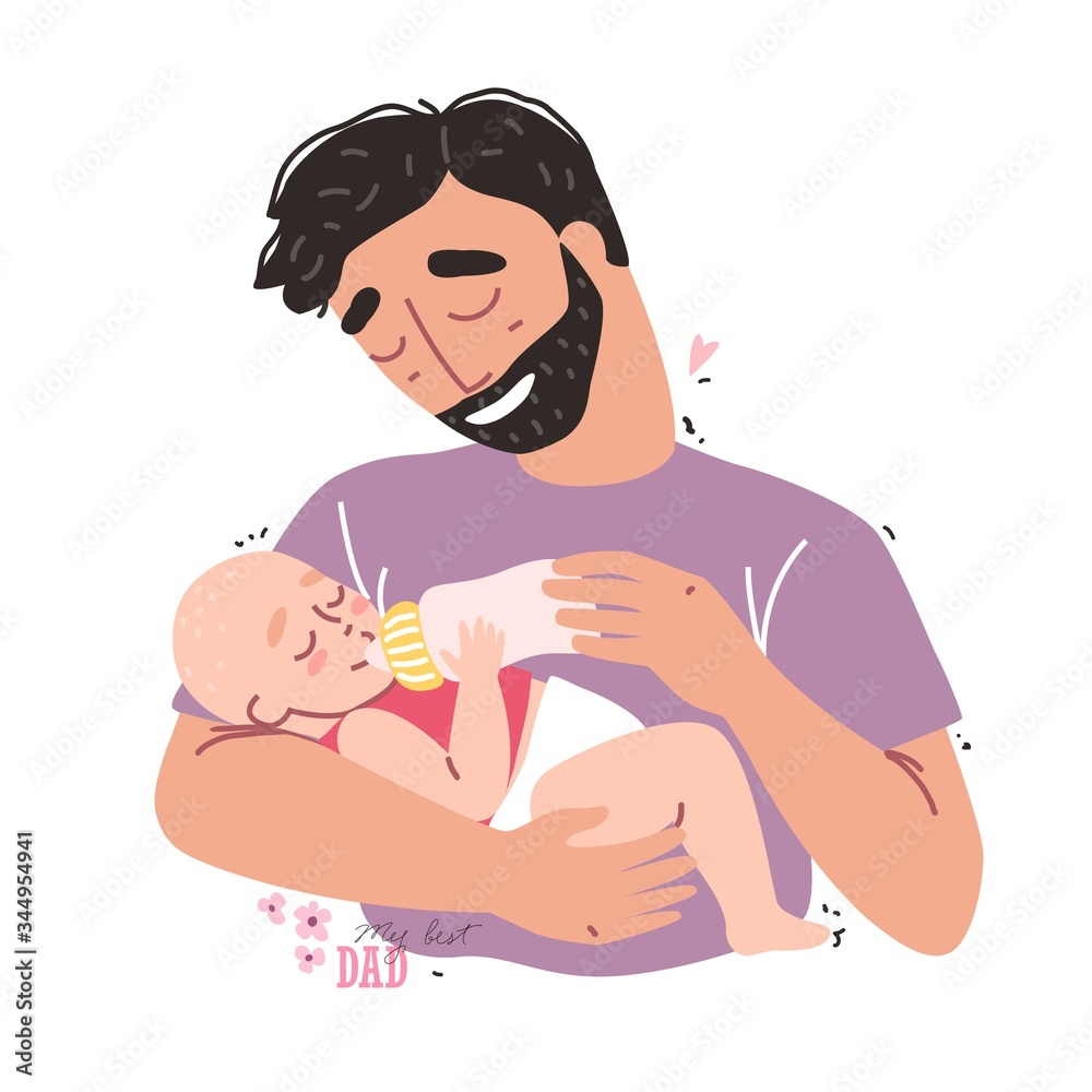 Adorable baby drinking milk from bottle in father hands Adorable baby drinking milk from bottle in father hands