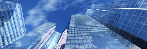 Panorama of beautiful skyscrapers against the sky with clouds. 3d rendering. 