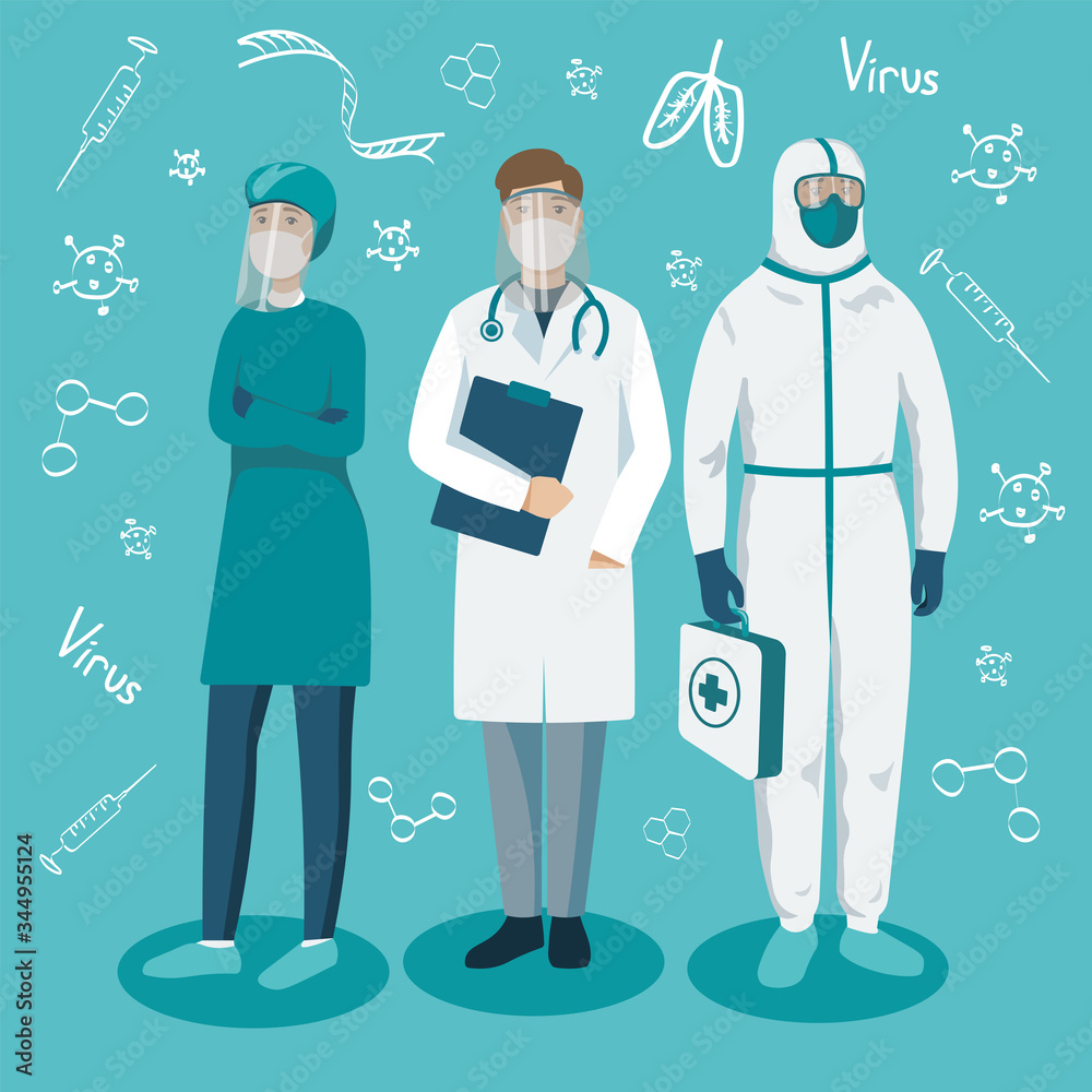 
Doctors save the world. Healthcare fight with Novel coronavirus (2019-nCoV). Coronavirus Sars-Cov-2 (Covid-19) in the world. Stay at home. Vector illustration