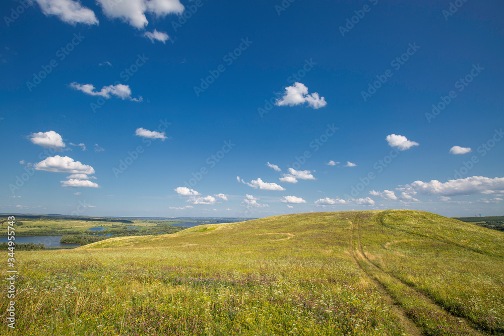 rural dirt road, car tracks on crumpled grass, on a sloping meadow in the hills