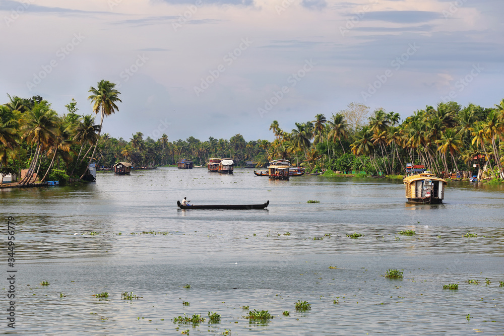 Fototapeta premium Boathouses sailing in the backwaters in Allepey, Kerala, India.