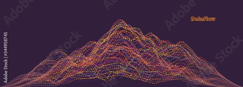 Vector abstract composition made of particles and wireframe. Concept design of digital landscape, data array, signal