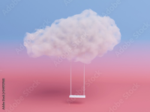 rope swing suspended by the cloud on pink room background. Minimal Creative idea concept. 3D render.