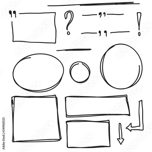 Set hand drawn text box and frames, quotes, question, exclamation mark, arrow, underline felt-tip pen objects. Vector illustration.