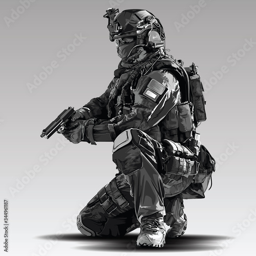 Vector Policeman Tactical Shoot Illustration. Armed police military preparing to shoot with automatic Gun.