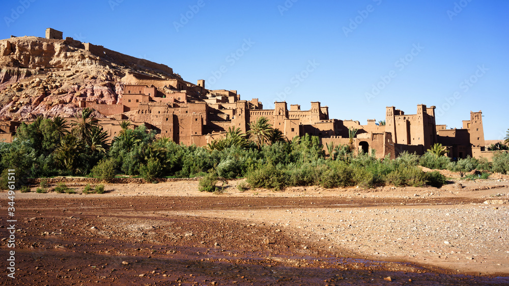 Wide angle view of the fortified village of Ait Ben Haddou, near Ourzazate, in Morocco