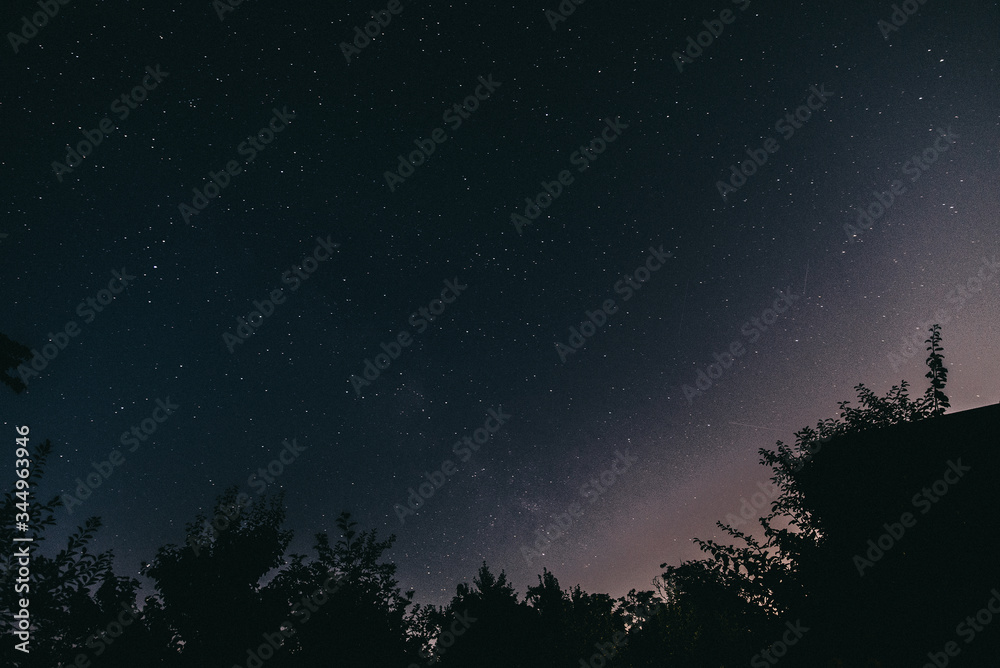 Night starry sky in the village in spring