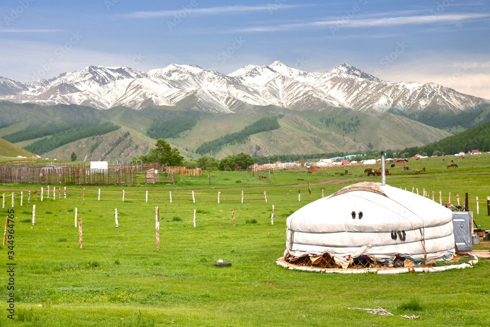 The ger camp in a large meadow at   Naryn of Kyrgyzstan