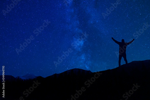 Silhoutte Man Praying To God Under Night Star Sky Milky Way Christian Concept