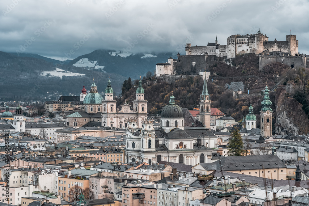 Naklejka premium City skyline of Salzburg old town skyline with view of Hohensalzburg Fortress