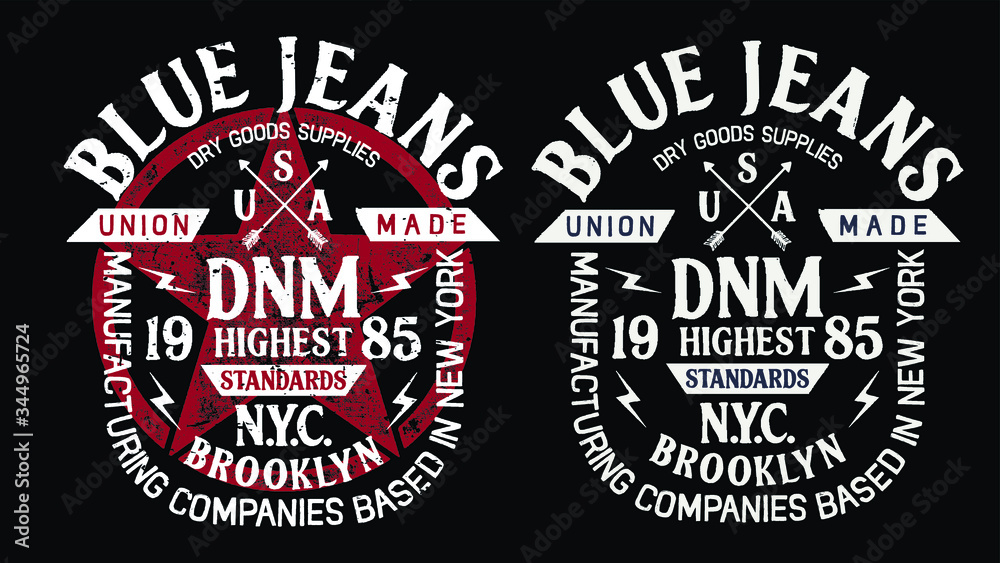 Fototapeta premium Vector illustration on the theme of denim, raw and jeans in New York City. Vintage design. Grunge background. Typography, t-shirt graphics, print, poster, banner, flyer, postcard.