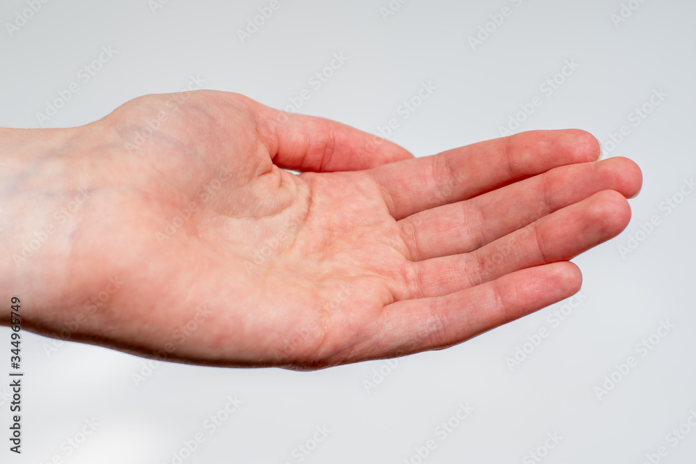 close-up female hand palm isolated on white background. Can be used as a part, as a hand that asks for something close-up female hand palm isolated on white background. Can be used as a part, as a hand that asks for something
