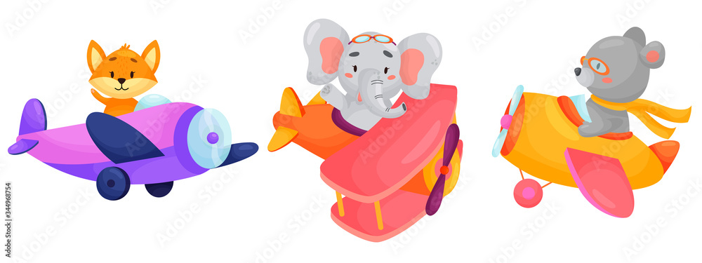 Set of cute animal on planes. Kids transport. Funny pilots. Fox, bear, elephant. Vector illustration Set of cute animal on planes. Kids transport. Funny pilots. Fox, bear, elephant. Vector illustration