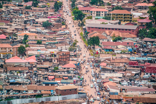 aerial view of crowded dusty market street in kampala uganda africa photo