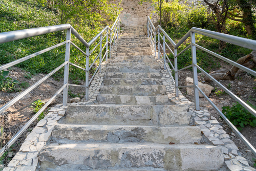 A new stone staircase of 800 steps to Jasper Beach  built in the spring of 2020. The reserve on the Black Sea. Cape Fiolent  Crimea Peninsula. The concept of unity with nature  outdoor activities.