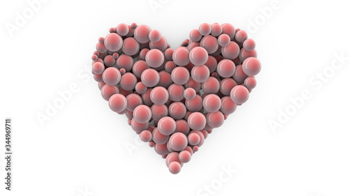 Heart made of pink glossy spheres on a white background 3D 