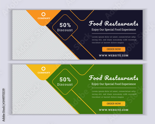 Food and Restaurant web banner template. horizontal advertising food banner layout template flat design set. Clean abstract food cover header background for social media and website advertisement.