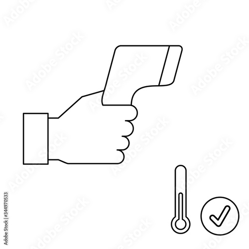 Hand holding digital contactless thermometer line icon. Body temperature check required sign. Fever screening laser infrared device. Covid 19 pandemic safety measures. Vector, outline, flat, clip art.
