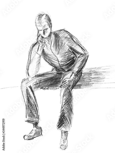 A rough sketch of a seated young guy thinking about something. Lead pencil on white paper. Isolated object.
